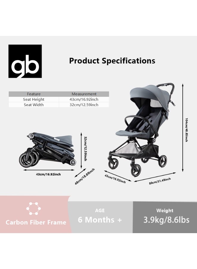 جي بي عربة أطفال gb FYN فائقة الخفة، وزنها 3.9 كجم، مصنوعة من ألياف الكربون، صغيرة الحجم وقابلة للطي، مناسبة للسفر بالطائرة، مزودة بمظلة حماية من الأشعة فوق البنفسجية بدرجة 50+، وحزام أمان خماسي النقاط، مثالية للسفر والاستخدام اليومي، لون رمادي داكن - Image 2